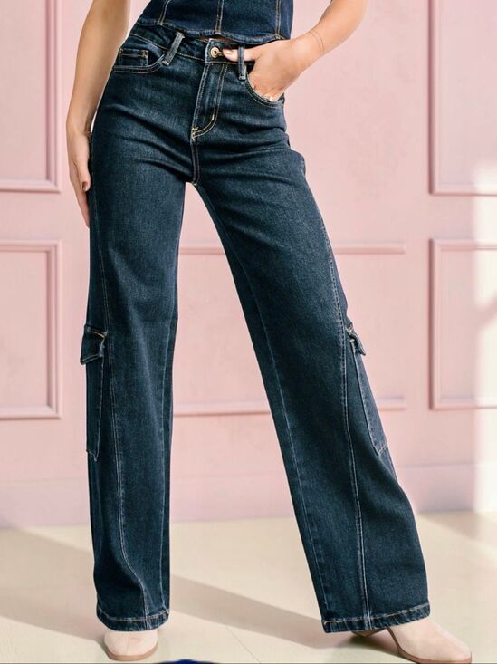 Mica Denim - Mica Denim High Rise Wide Leg Cargo Jeans Dark Wash Seam Detail NEW